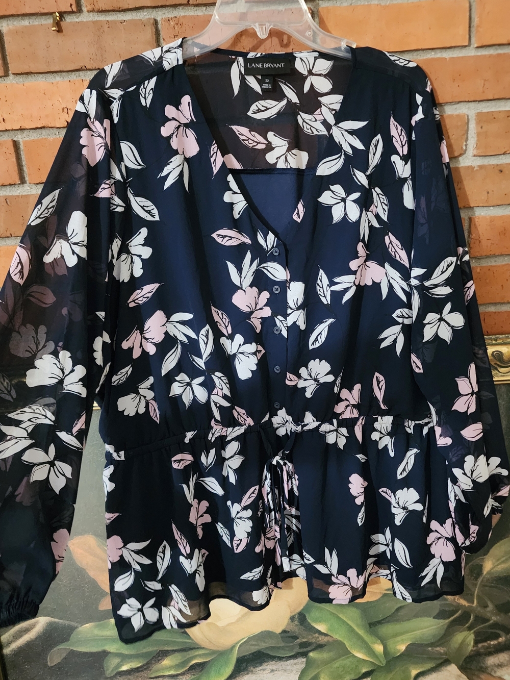 Lane Bryant Navy Floral Button-Front Peplum Blouse 22